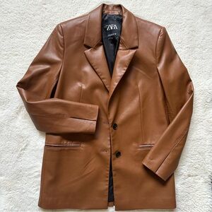 Zara Caramel Faux Leather Blazer Oversized
